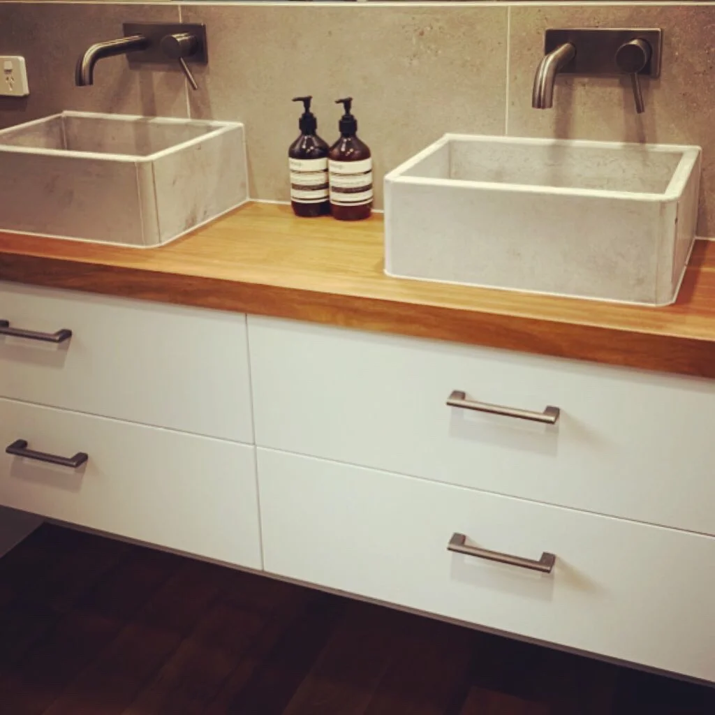 Twin concrete vanity, sink, basin